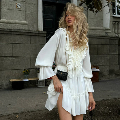 White Ruffle Bandage Mini Dress Women's Elegant Patchwork Long Sleeve Dress New Slim V Neck Lace Up Summer Mini Dress