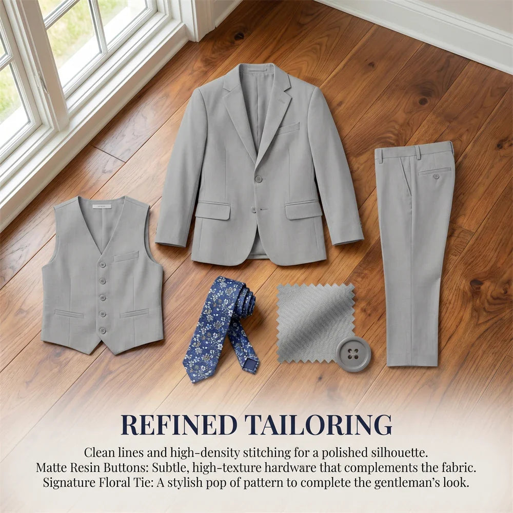 Ship Today Wedding Ring Bearer Page Boy Tuxedo Communion Suit Boy's Formal Linen Suit 4-Piece Jacket Vest Pants Tie Bowtie