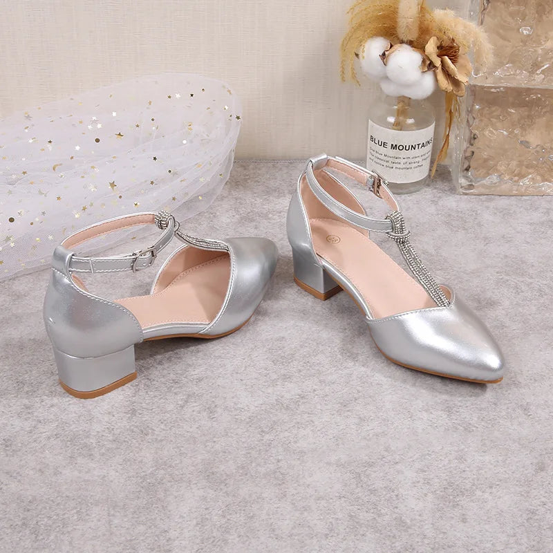 Children's Thick Heel Sandals Summer New Pointed-toe Girls' Crystal Princess Shoes Fashion Children's High-heeled Leather Shoes