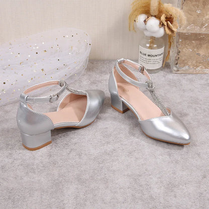 Children's Thick Heel Sandals Summer New Pointed-toe Girls' Crystal Princess Shoes Fashion Children's High-heeled Leather Shoes