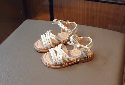 Summer Girls Sandals Fashion Embroider Flower Children Princess Shoes Open-toe Sweet Bowknot Kids Causal Flat Sandals Soft Soled