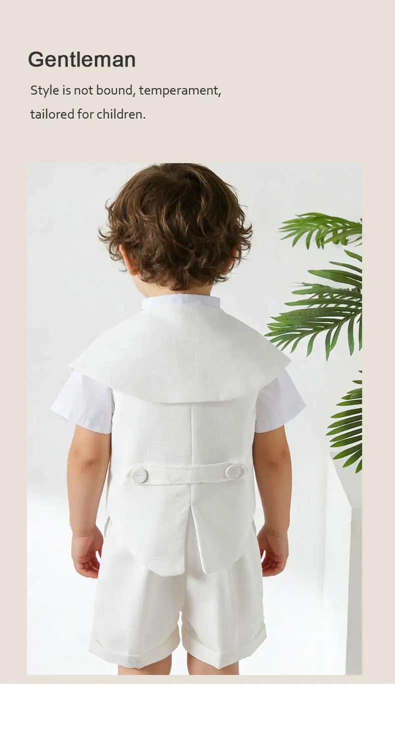 Boys White Linen Suit Set Summer Short Sleeve shawl  Vest & suspenders Shorts Gentleman Outfit for Wedding Party Occasions