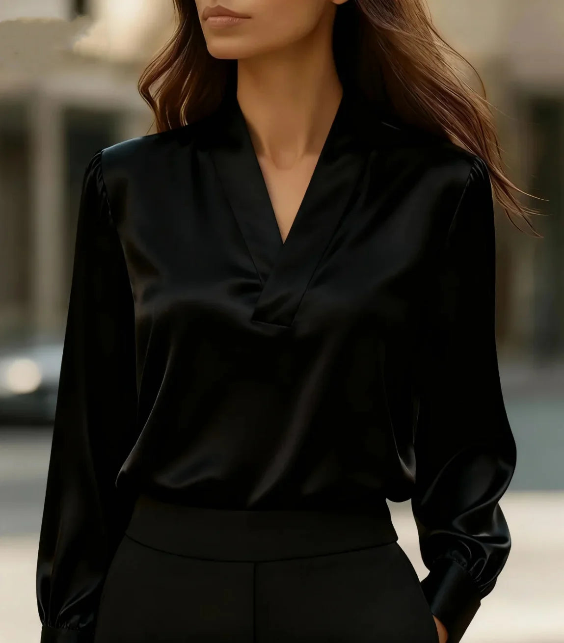 Elegant V-Neck Long Sleeve Blouse for Women Soft Satin Office Chic Top