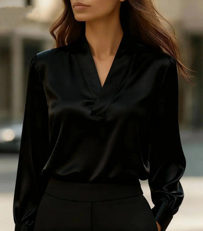 Elegant V-Neck Long Sleeve Blouse for Women Soft Satin Office Chic Top