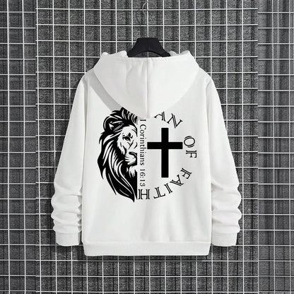 Hoodies 2026 Fall Winter Hooded Long Sleeve Sweatshirts Man Of Faith Lion Print Hoody Outerwear