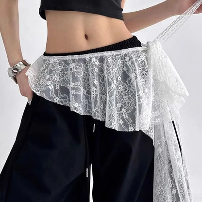 Embroidered Flower Lace Mini Skirt Irregular See Through Ruched Skirts Y2K Streetwear Lace-up Design Butt Curtain