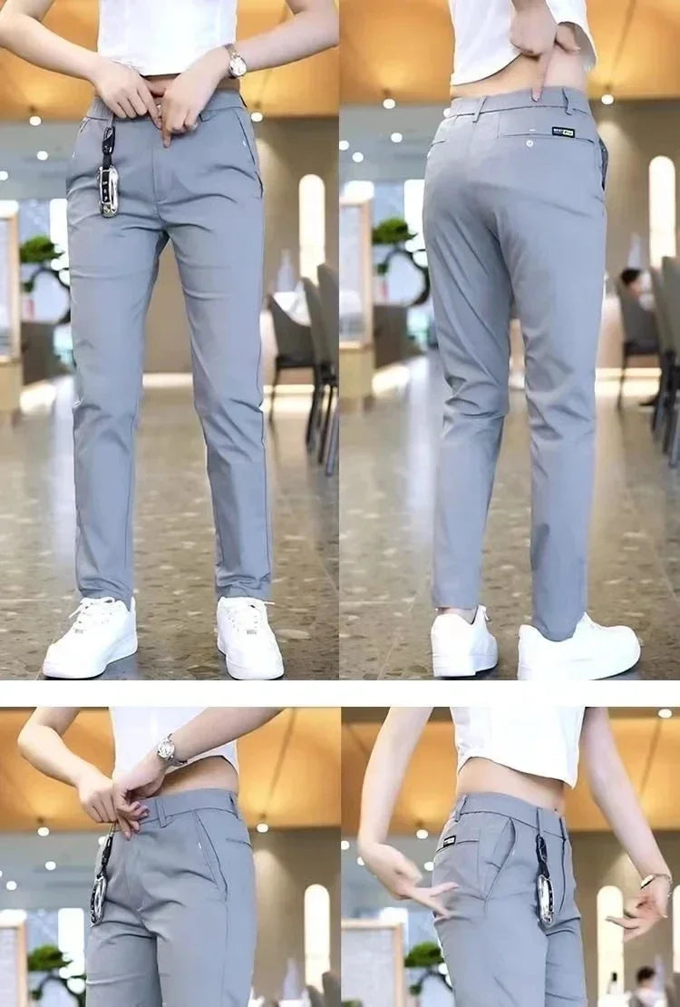 Summer Pants Ice Silk Men's Casual Simple Khaki Black Slim Straight Stretch Trousers Business Casual Male Clothing Pant