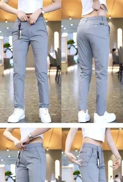 Summer Pants Ice Silk Men's Casual Simple Khaki Black Slim Straight Stretch Trousers Business Casual Male Clothing Pant