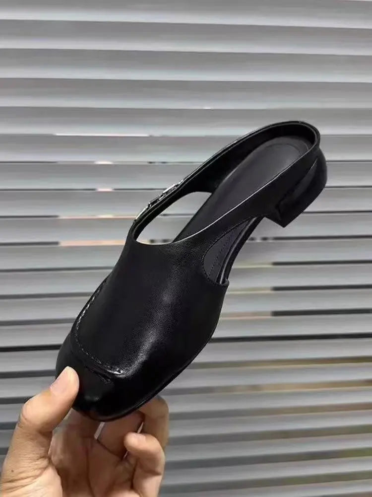 Women's Stylish Genuine Leather Mule Loafers with Metal Buckle Low Heel Slip On Flats Casual Driving Shoes
