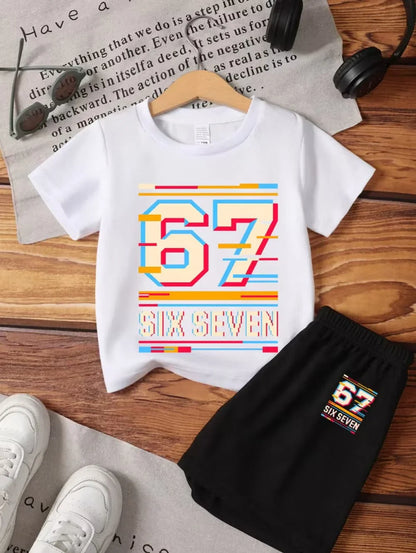 2026 New Cool 67 Funny Printed Kids T-Shirt Shorts Sports Set Fashion Children's Clothes Casual Boy Girl Short Sleeve Shorts Set