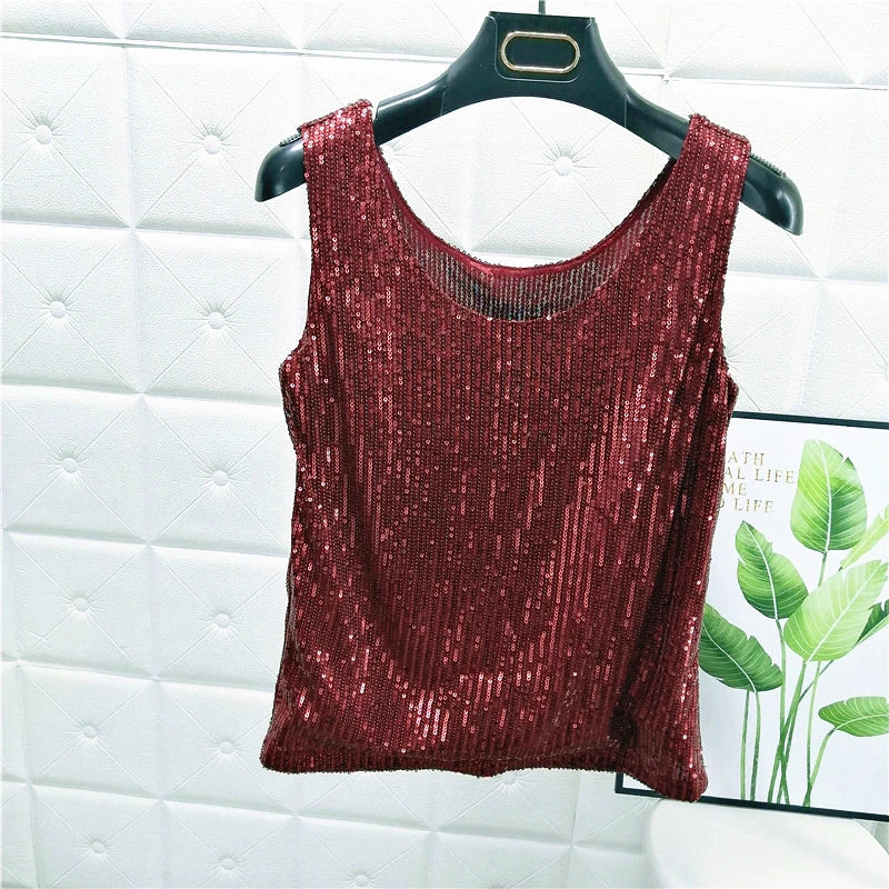 Sparkling Sequins Round Neck Vest Women's Outer Wear 2022 Summer New Bright Silk Fashion Glitter Bottoming Shirt Suspender Top