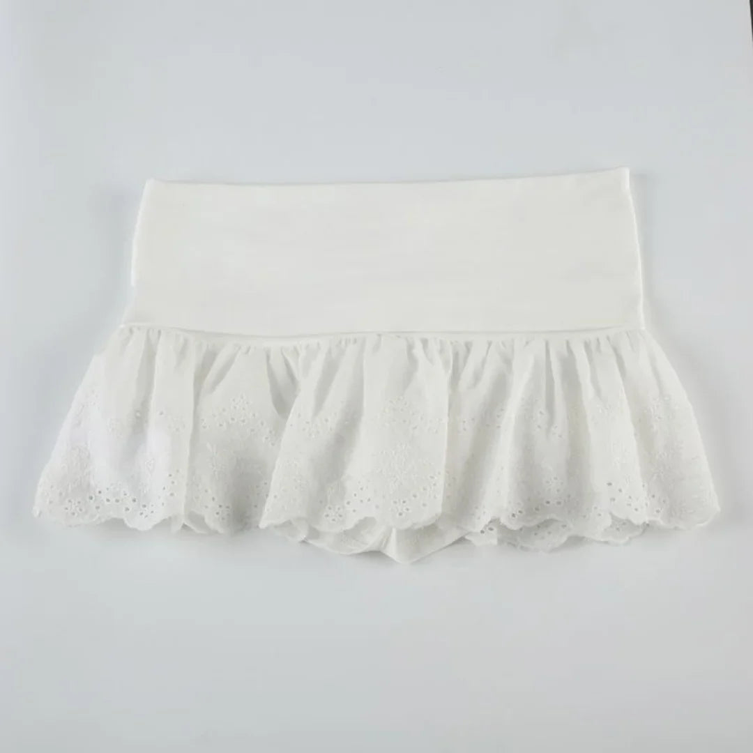 Summer Kawaii White Ruflles Skirt Women Fashion Slim Fit Mini Skirts TeenGirl Y2k All Match Elastic High Waist Goth Outfit