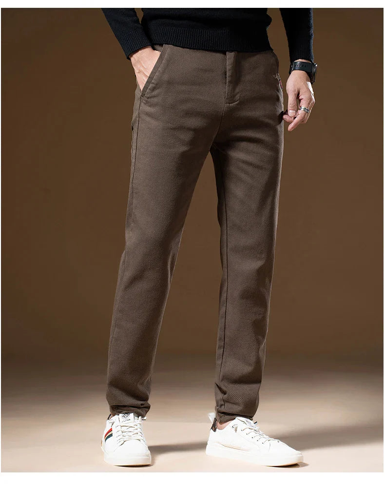 Korean Business Casual Fleece Men Pants Winter Thickened Straight Thermal Casual Pants Male Fashion Stretch Warm Velvet Trousers