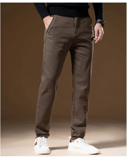 Korean Business Casual Fleece Men Pants Winter Thickened Straight Thermal Casual Pants Male Fashion Stretch Warm Velvet Trousers
