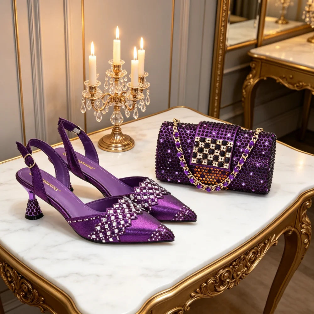 Italian Shoe and Bag Set for Party in Women Ladies Party Shoes with Matching Bag Decorated with Rhinestone Pointed Toe Pumps