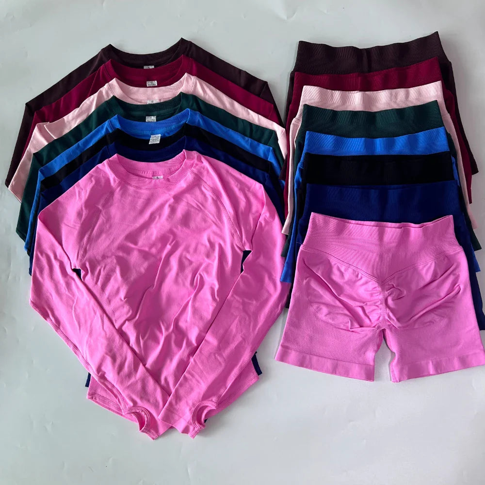 2 Pieces Set Women Longline Long Sleeve Gym Crop Top High Waist Workout Shorts Sports Suit Fitness Clothes Seamless Yoga Set