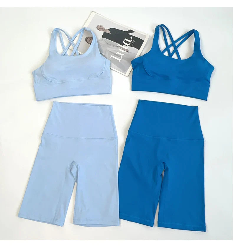 2 Pieces Yoga Shorts Gym Sports Sets Women Fitness Suits Cross Back Bra Top High Waist Shorts Running Workout Tracksuit👚👍️