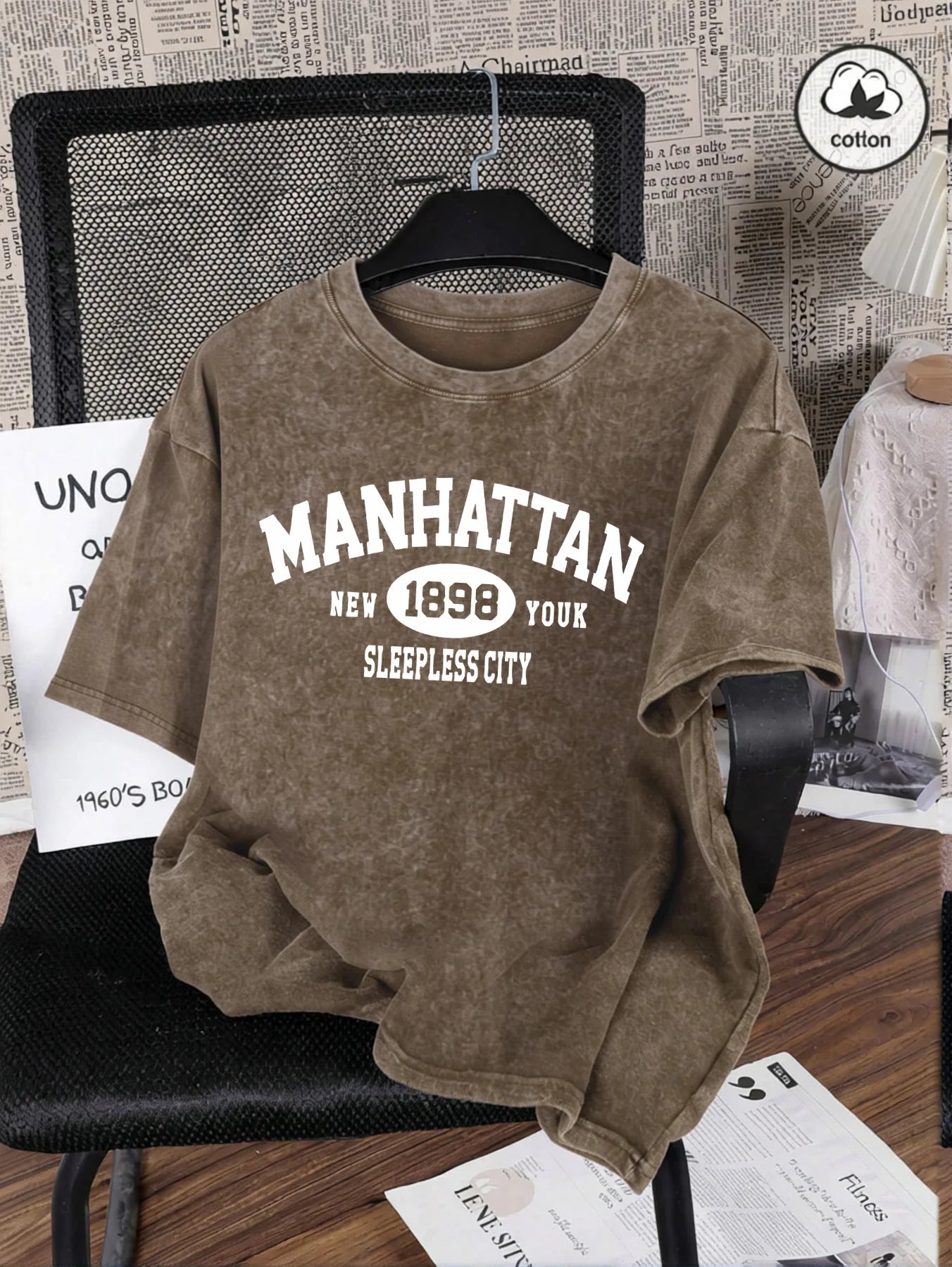 Manhattan New York Sleepless City Print Washed T Shirt Man Summer O-Neck Retro T-Shirts Fashion Cotton All-Match Top Unisex Tee