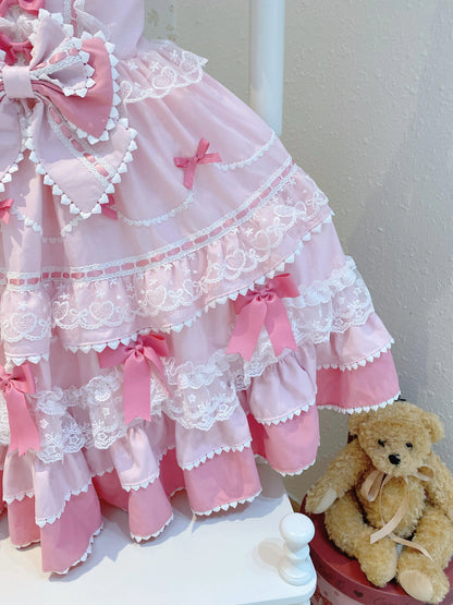 New 2025 Summer Original Sweet Lolita Jsk Dress Cute Bow Lace Stitching Kawaii Girls Women Elegant Slim Suspender Dresses