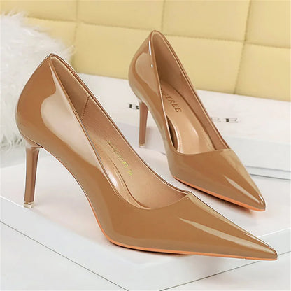 Women 7.5cm 10.5cm High Heels Wedding Bridal Classic Pumps Lady Scarpins Metallic Leather Low Heels Stiletto Nude Office Shoes
