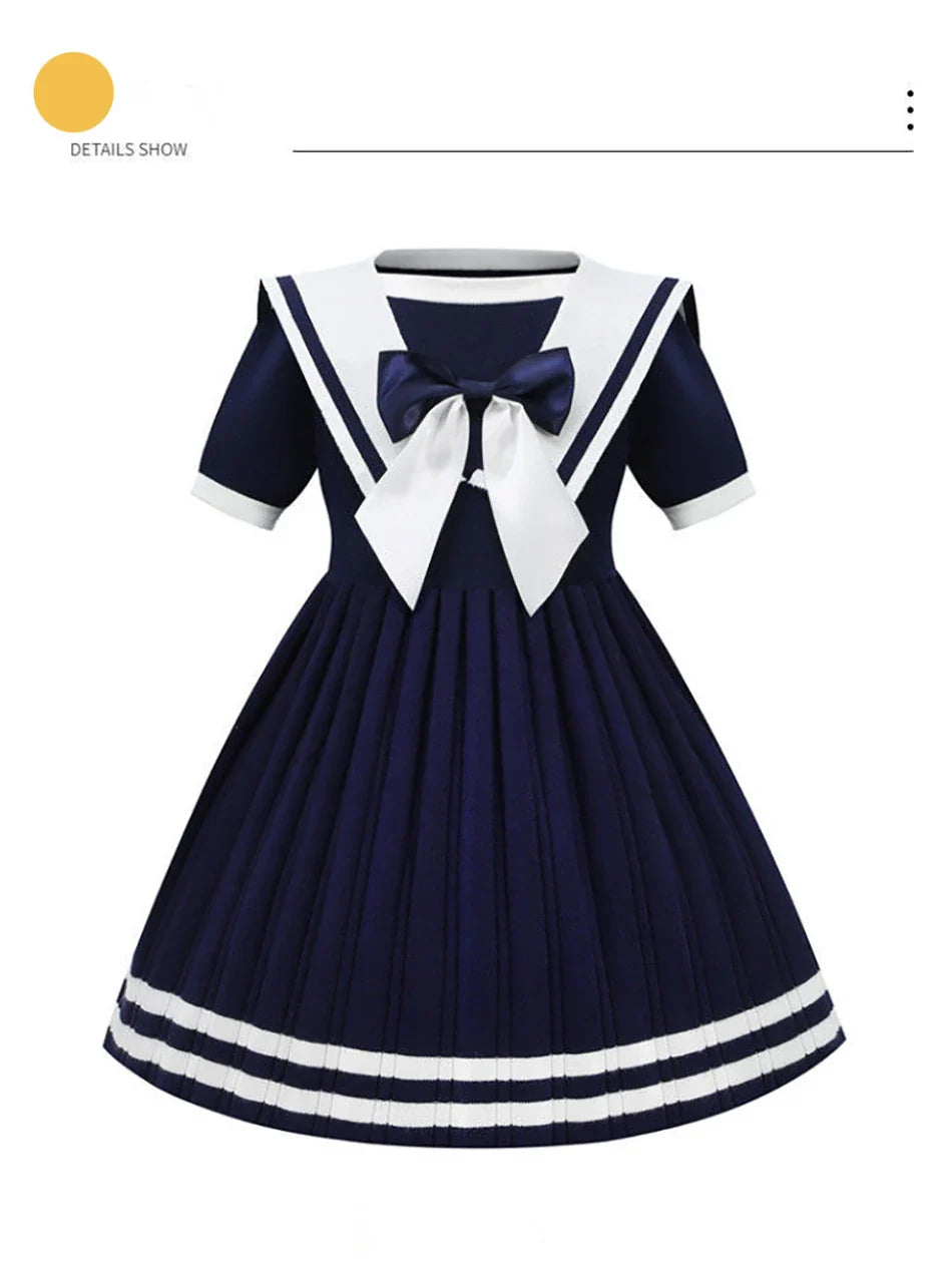 Short Sleeve Solid Color Sailor Collar Dress Girls Princess Style Birthdays Party Dress Girls Casual Dresses