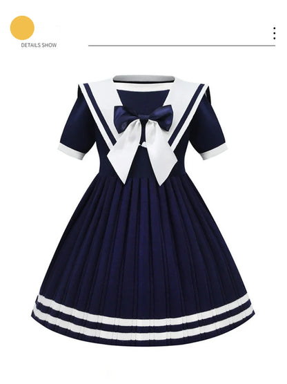 Short Sleeve Solid Color Sailor Collar Dress Girls Princess Style Birthdays Party Dress Girls Casual Dresses