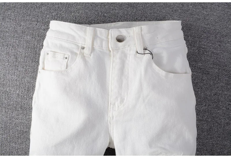 Men's White Crystal Holes Ripped Jeans Fashion Slim Skinny Rhinestone Stretch Denim Pants