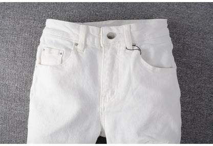 Men's White Crystal Holes Ripped Jeans Fashion Slim Skinny Rhinestone Stretch Denim Pants