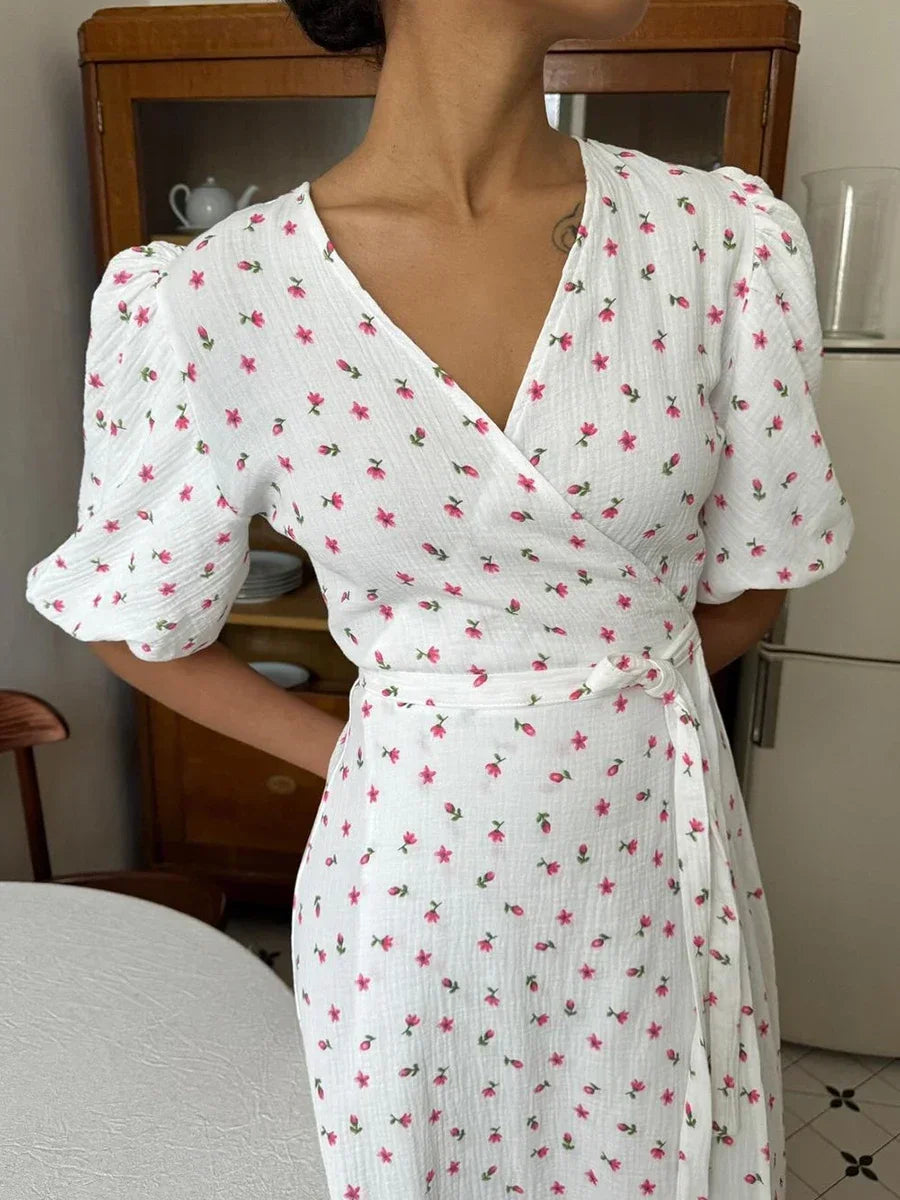 Summer Women Psrinted Dress Lace Up Short Sleeve Fashion Office Lady Long Dress 100% Cotton Daily Casual V-neck Skirt