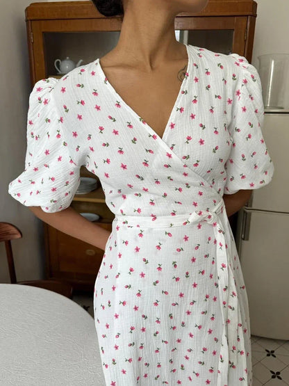 Summer Women Psrinted Dress Lace Up Short Sleeve Fashion Office Lady Long Dress 100% Cotton Daily Casual V-neck Skirt