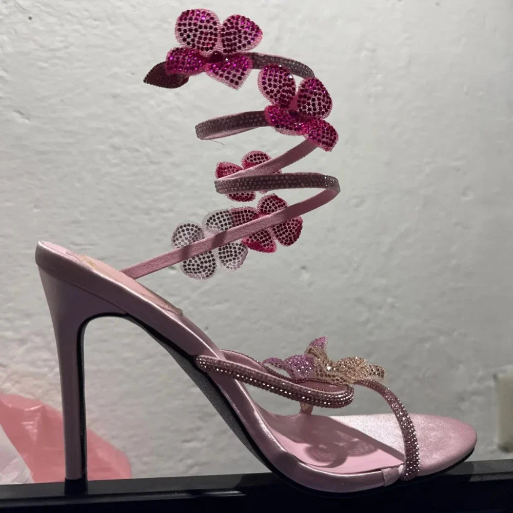 Luxury Designer Pink Flower Rhinestone High Heels Sandals Shoe Sexy Wrap Strap Open Toe Stripper Prom Party Ladies Shoes