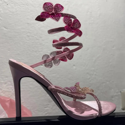 Luxury Designer Pink Flower Rhinestone High Heels Sandals Shoe Sexy Wrap Strap Open Toe Stripper Prom Party Ladies Shoes