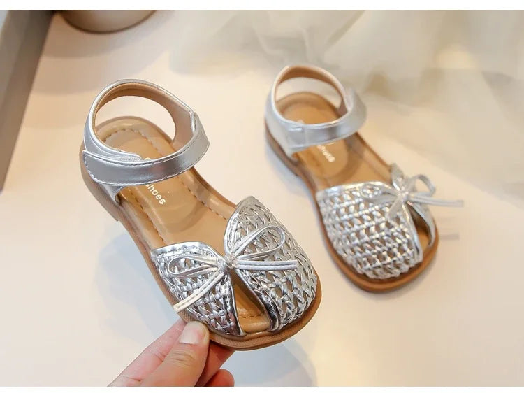 Girls Princess Shoes Weave Breathable Kids Beach Shoes with Simple Bows 2025 Summer New Children Sandals Soild Color Non-slip