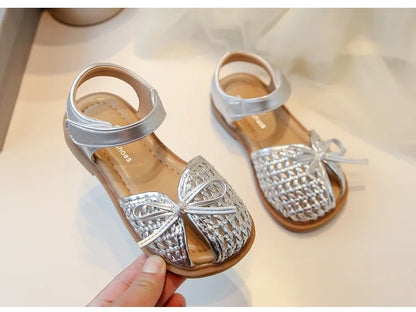 Girls Princess Shoes Weave Breathable Kids Beach Shoes with Simple Bows 2025 Summer New Children Sandals Soild Color Non-slip