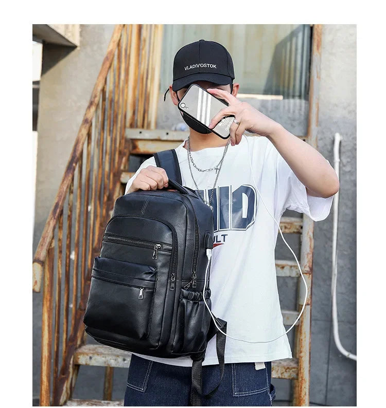 High QualityUSBCharging Backpack MenPULeather Large Capacity Computer Backpack School Backpack for Teenage Boys