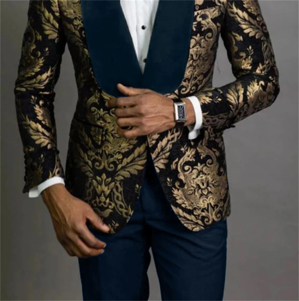 Fast Ship New Year Celebration Blue Gold Pattern Boys Suit Luxurious Ornate Boys Suit FormalKids Tuxedo Set Blazer Vest Pants