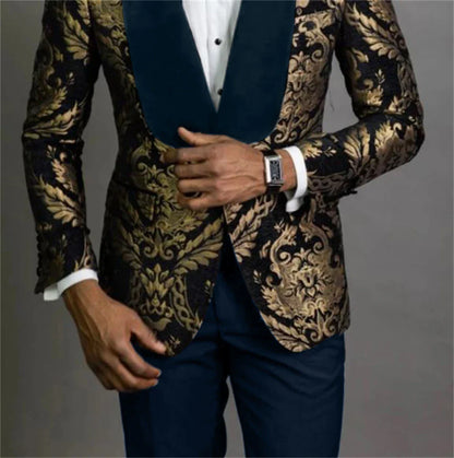 Fast Ship New Year Celebration Blue Gold Pattern Boys Suit Luxurious Ornate Boys Suit FormalKids Tuxedo Set Blazer Vest Pants