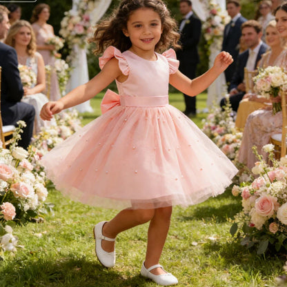 Girls White Wedding Pearls Elegant Pageant Princess Dress For Girls Backless Big Bow Wedding Bridesmaid Birthday Party Ball Gown