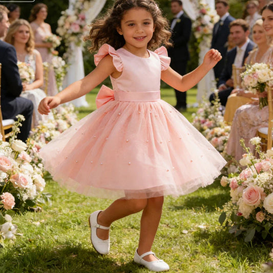 Vestido de Princesa Elegante com Pérolas Brancas para Meninas, Sem Costas, com Laço Grande, para Casamento, Dama de Honra, Festa de Aniversário, Vestido de Baile