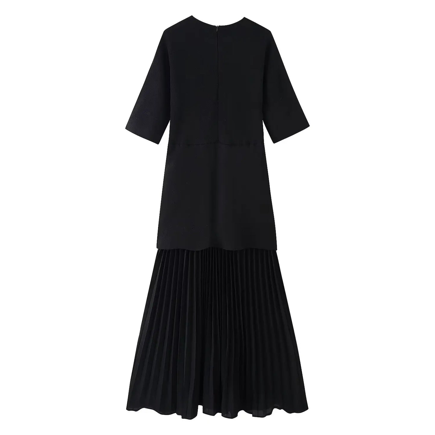 Women Elegant Half Sleeves O-Collar Pleated Dress Spring Woman Rear Zipper Splicing Vintage Casual Knitted Long Dress