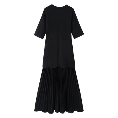 Women Elegant Half Sleeves O-Collar Pleated Dress Spring Woman Rear Zipper Splicing Vintage Casual Knitted Long Dress