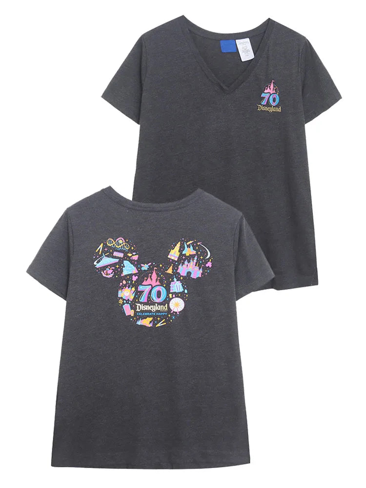 Embroidery T Shirt Women Casual V Neck Short Sleeve Tshirt Top Mickey Cartoon Tee Streetwear