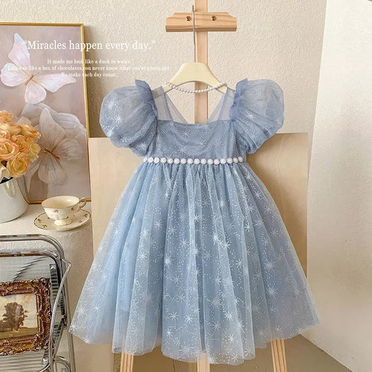 Vestidos Casuais para Meninas Vestido de Verão para Meninas Vestido Princesa de Tule com Manga Bufante Etérea Roupas Infantis