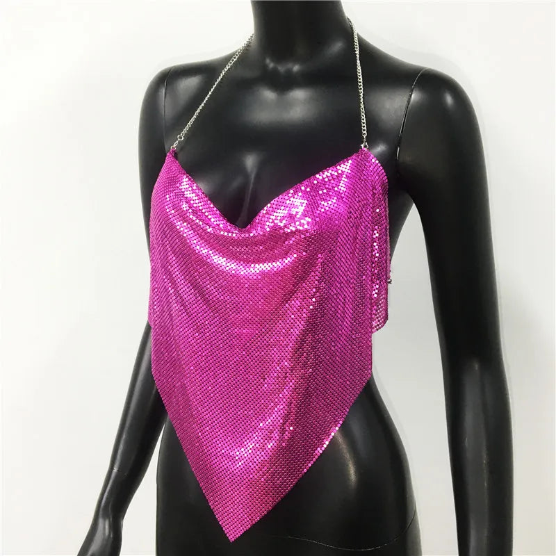 Shiny Metal Sequins Tank Tops For Women Sexy Backless V Neck Adjustable Chain Crop Top Lady Festival Rave Party Club Camisole