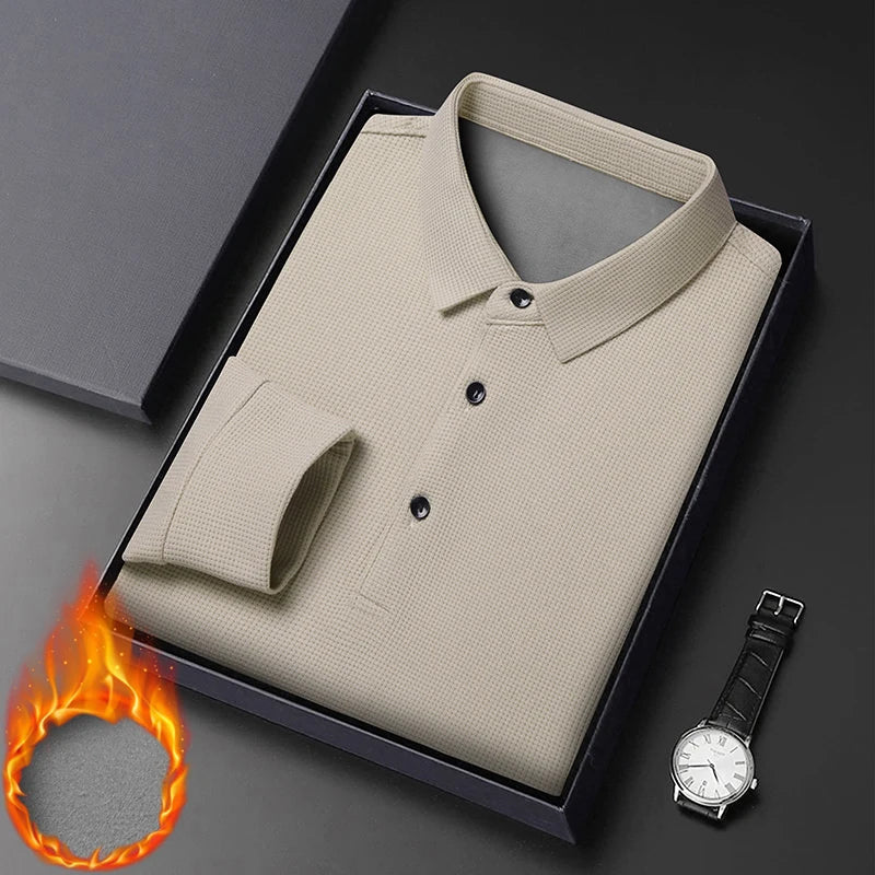 Waffle Fleece Thicken Fashion Polo Shirt Men Winter Warm Plush Business T-Shirt Tops Male Casual Button Lapel Long Sleeve Shirts
