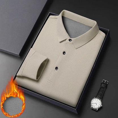 Waffle Fleece Thicken Fashion Polo Shirt Men Winter Warm Plush Business T-Shirt Tops Male Casual Button Lapel Long Sleeve Shirts