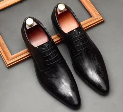 Stylish Letter-printed Men's Business Leather Shoes Korea Style Wedding Derby Shoes Lace-up Pointed Toe Dress Shoes Man Wine-red