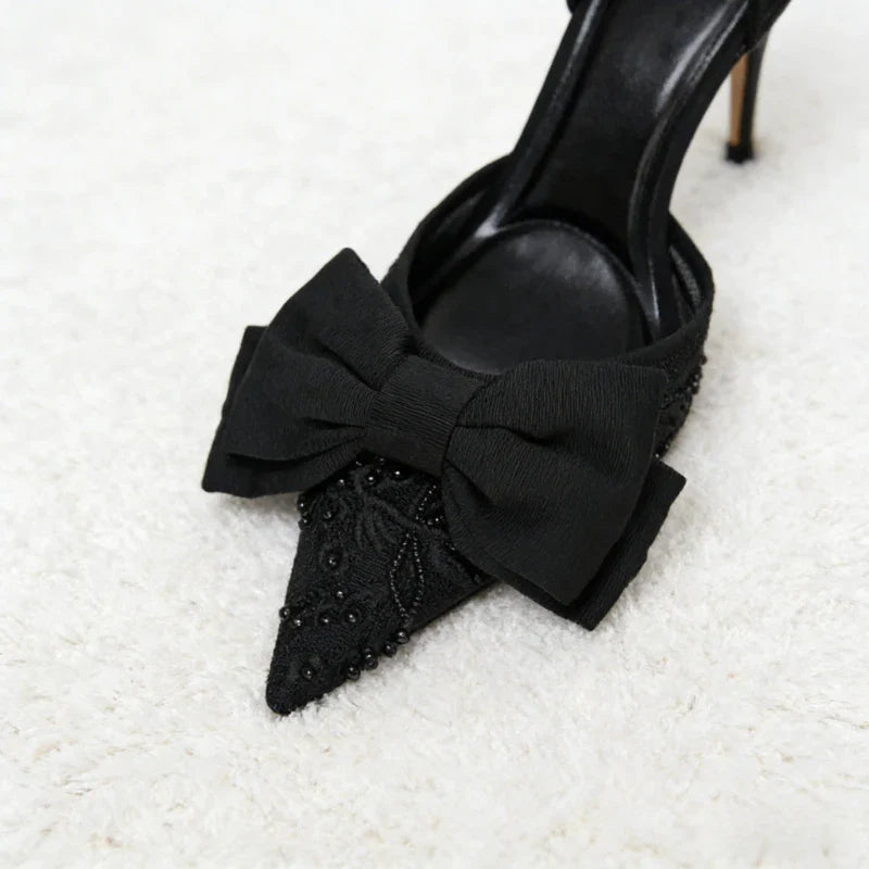 Black Mesh Beaded Decoration Heeled Sandals Women Sexy Pointed Toe Slingbacks Thin High Heels Elegant Bow Designer Women Pumps