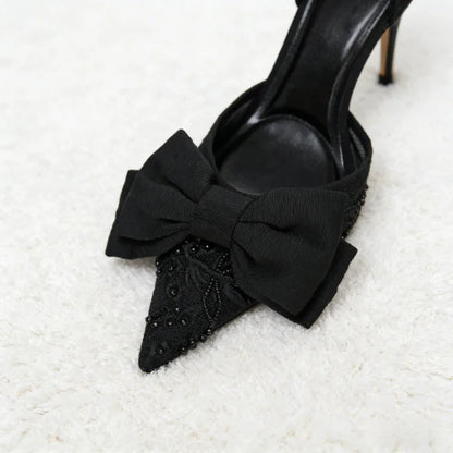 Black Mesh Beaded Decoration Heeled Sandals Women Sexy Pointed Toe Slingbacks Thin High Heels Elegant Bow Designer Women Pumps
