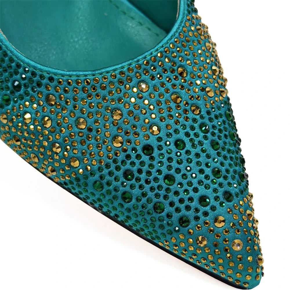 High Heels Shoes for Women Embroidery Rhinestone Italian Design Gold Color Pointed Toe Shoes and Bags Set Fashio